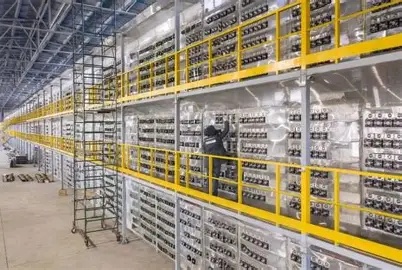 Expansive hosted Bitcoin mining farm facility showcasing centralized rigs